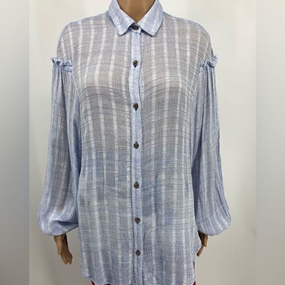 Free People Blue Gauzy Shirt Blouse Size M - Picture 5 of 11